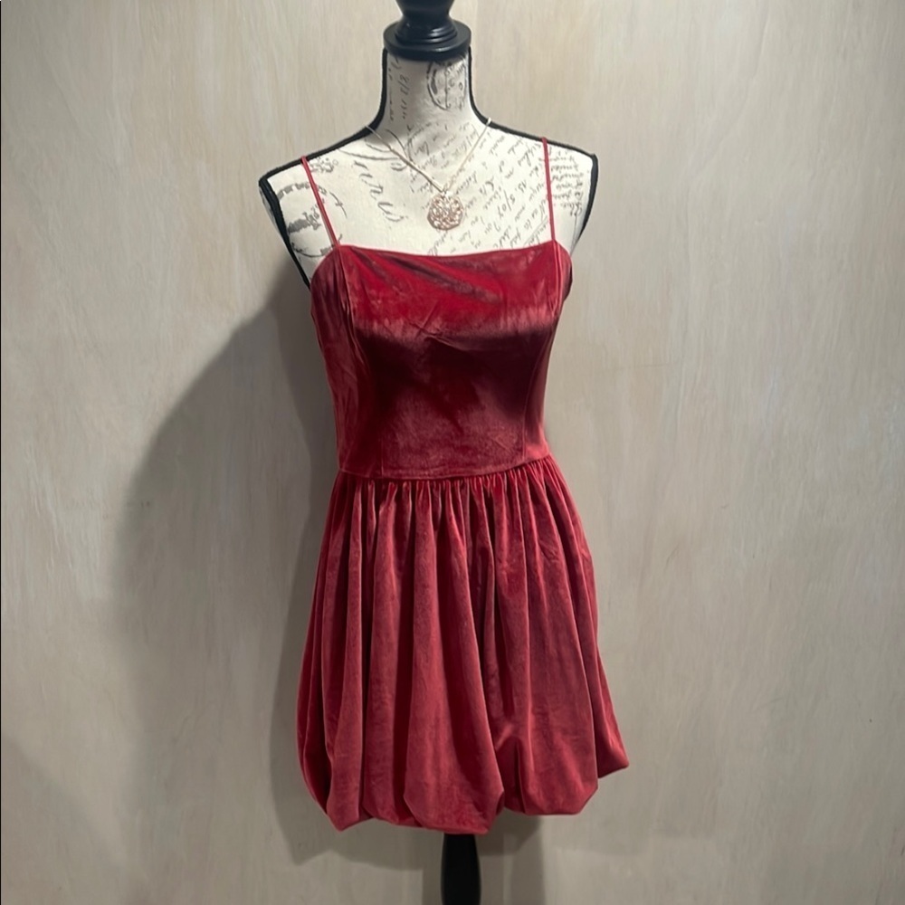 1067 Abercrombie and Fitch Red Velvet Spaghetti Strap Dress - Picture 2 of 6